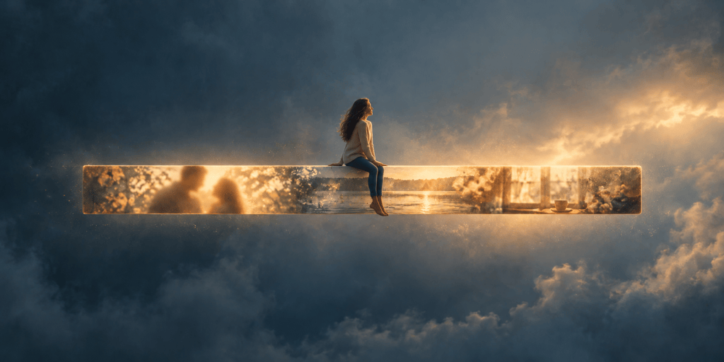 A woman sitting on a floating rectangular platform in a dreamy landscape, with scenes of love and nature reflected on the surface, surrounded by clouds and ethereal lighting.